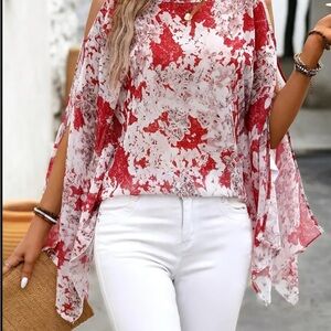 Red and White Asymmetrical Bell Sleeve Blouse brand new in package